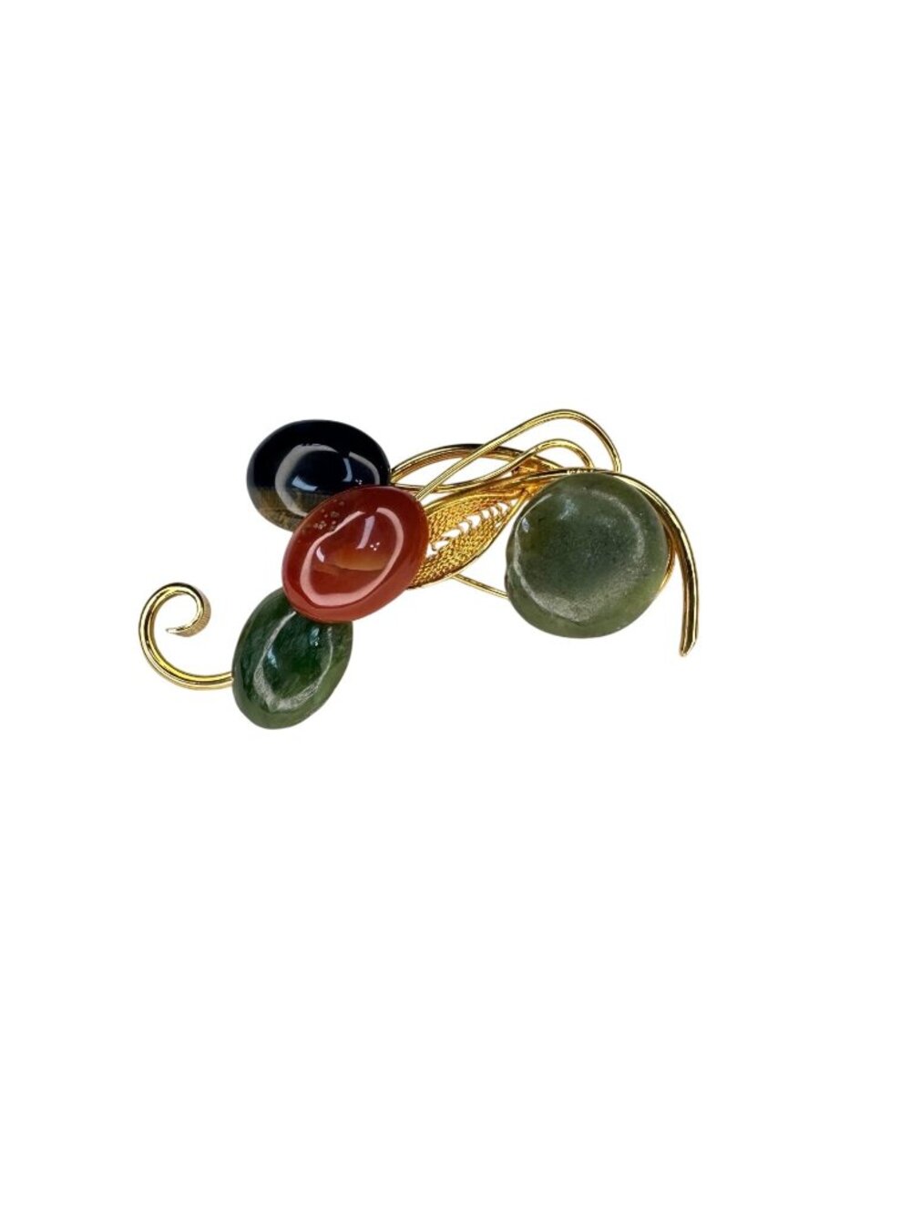 Gemstone Spray Brooch Jade Carnelian Tiger's Eye Gold Tone Vintage